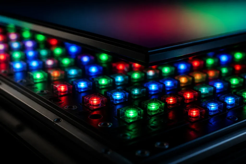 A premium macro close-up of an RGB MiniLED backlight module, showing densely packed independent red, green, and blue LED diodes glowing together benea...