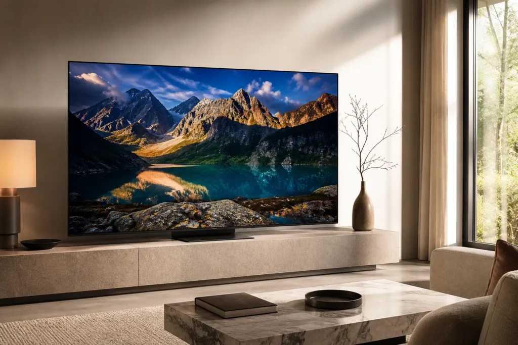A premium Samsung S95H OLED television in a bright modern living room, displaying vivid HDR colours, deep absolute blacks, and sharp high-contrast det...