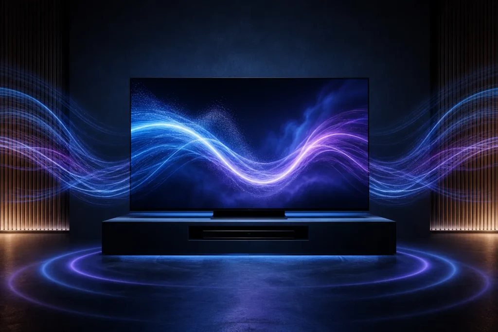 A premium Samsung smart TV in a dark cinematic studio, displaying an abstract flowing wave of light that visually connects sound and on-screen action,...