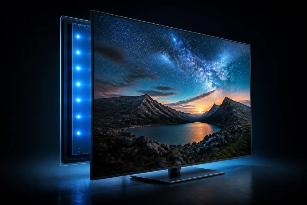 A single modern 58-inch television shown at a three-quarter angle in a dark studio, with a subtle cutaway revealing evenly spaced LED lights directly...