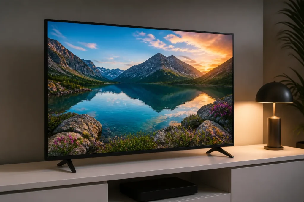A sleek 40-inch Full HD LED television as the single focal object, shown at a slight angle on a minimalist living-room console, screen displaying a vi...