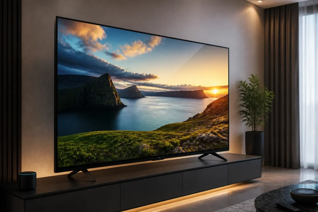 A sleek 58-inch smart TV in a modern living room, shown at a slight angle with a vivid 4K landscape scene on screen, rich colors, smooth motion effect...
