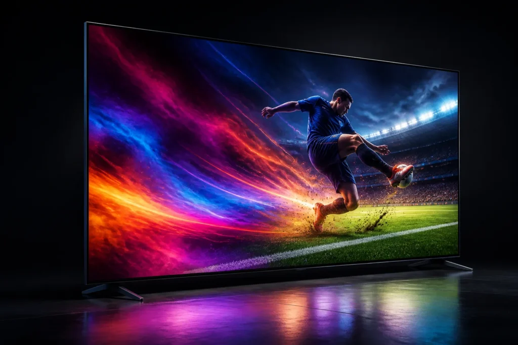 A sleek 65-inch 4K slim television shown as a single premium object in a dark studio, displaying vivid abstract colour gradients and a crisp fast-movi...