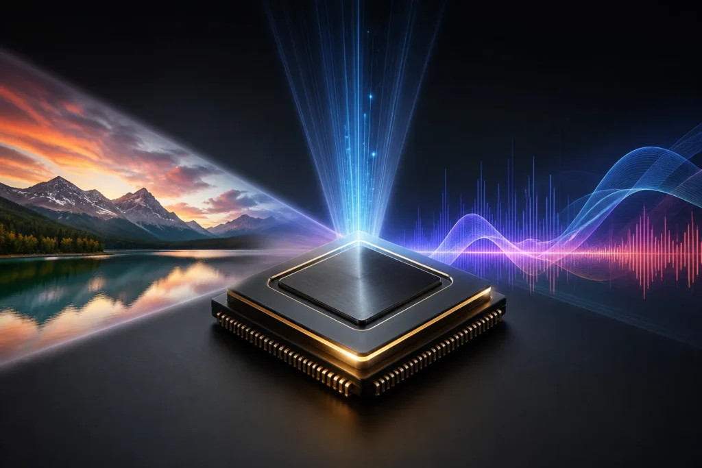 A sleek AI processor chip inspired by LG’s α7, shown as a single futuristic object on a dark studio background, emitting subtle beams that blend a viv...