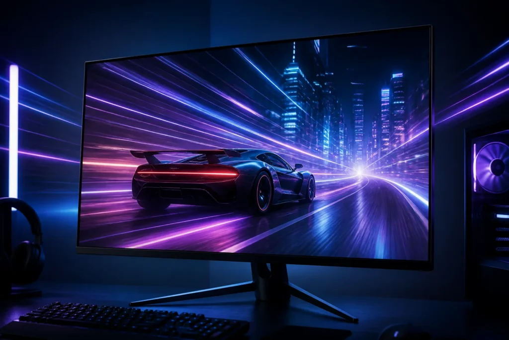 A sleek gaming monitor with a glowing 180Hz refresh-rate visual effect, displaying a fast-moving futuristic racing scene with smooth motion trails. Su...