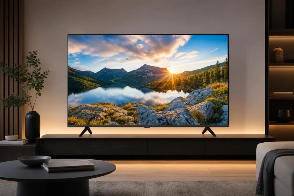 A sleek Hisense 58-inch 58A6QTUK 4K Ultra HD Smart AI TV displayed alone in a modern living room, front-facing screen with vivid cinematic nature scen...