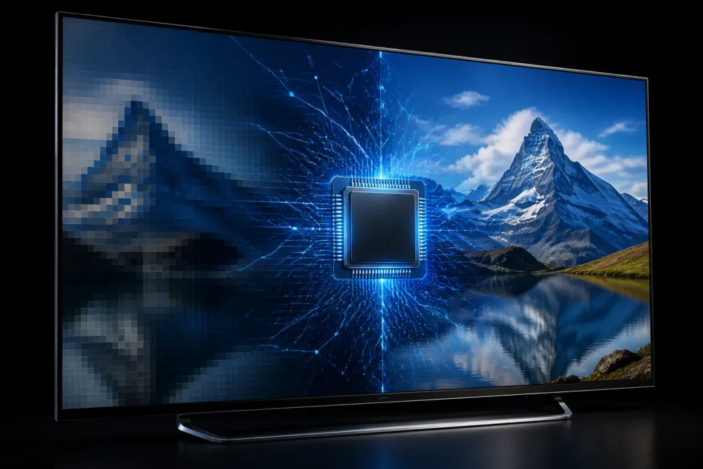 A sleek modern 4K television chip glowing inside a premium display, surrounded by subtle neural-network light patterns that transform a soft low-resol...