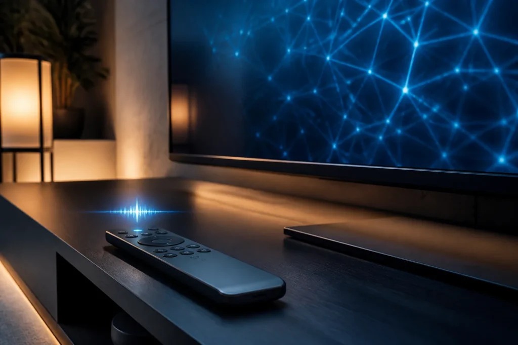 A sleek modern smart TV remote resting beside a glowing smart television, subtle blue AI neural-light patterns reflected on the screen, soft voice-ass...