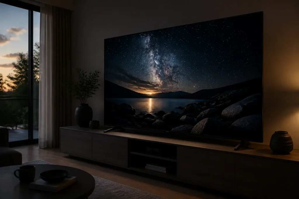 A sleek modern TV with an HVA panel shown at a slight off-center angle, displaying deep blacks, crisp fine details, and controlled highlights with min...