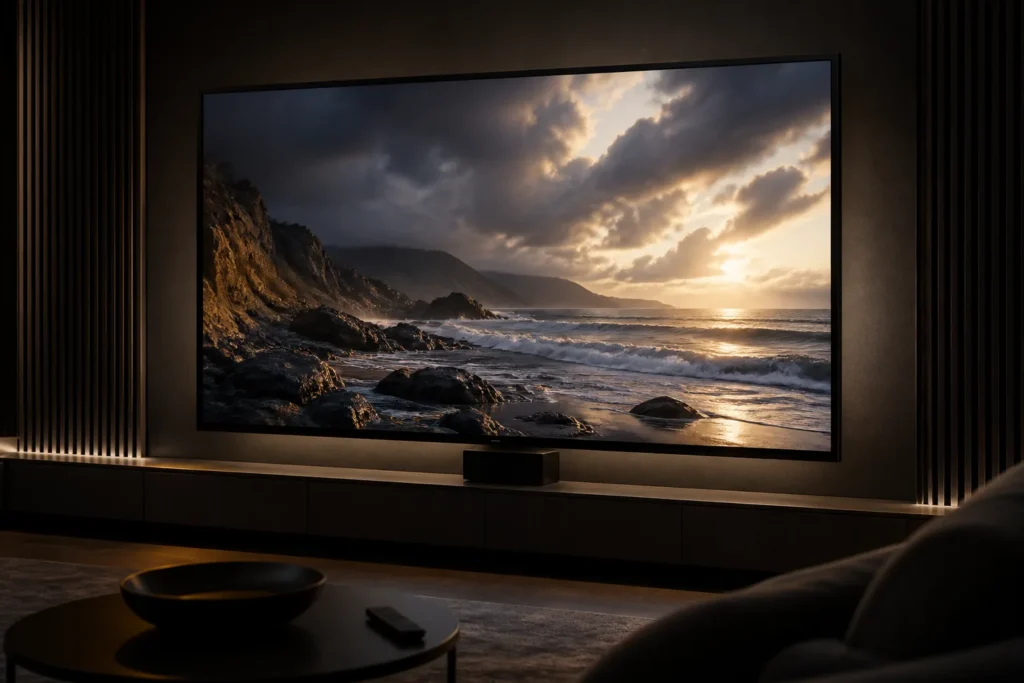 Cinematic close-up of a modern 4K HDR television in a dark home theater, displaying a richly detailed film scene with deep blacks, bright highlights,...