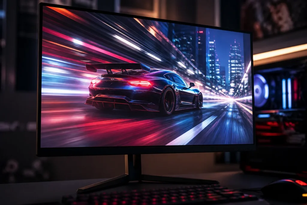 Create a cinematic close-up of a sleek gaming display showing a vivid high-speed racing scene with smooth motion trails, sharp details, and dynamic ne...