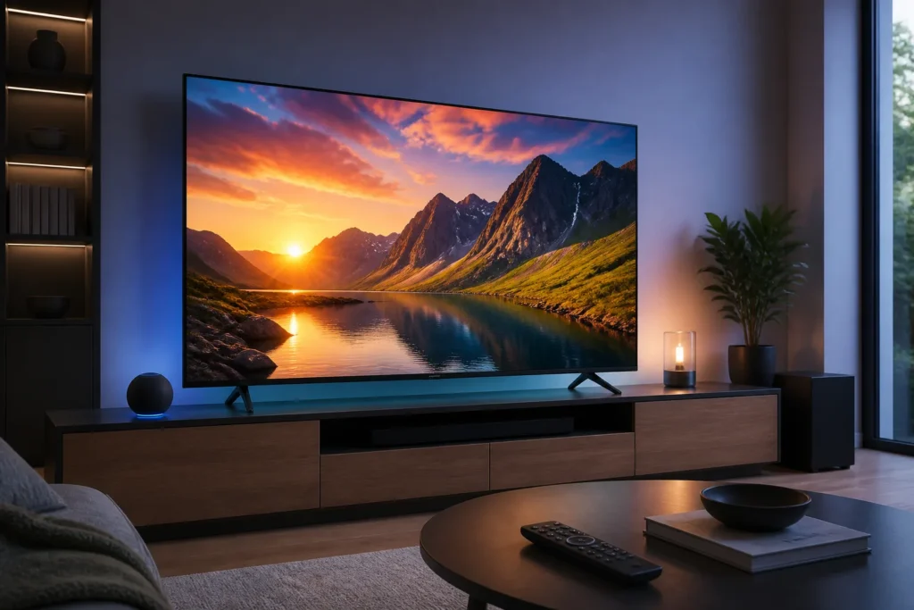Create a clean, realistic product image of a modern 65-inch TCL 4K HDR smart television in a stylish living room, showing a vivid high-dynamic-range s...