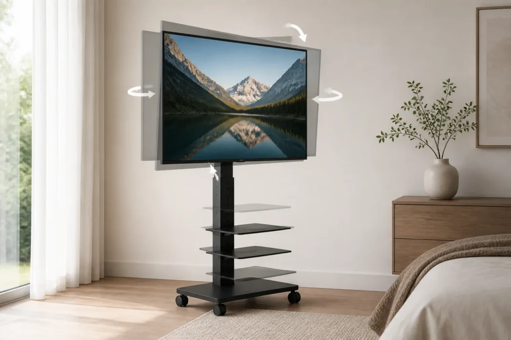 Create a clean, realistic product photograph of a modern floor TV stand with a flat-screen TV, shown in a stylish bedroom or living space. Emphasize t...