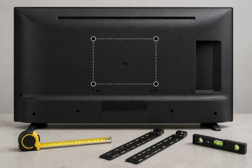 Create a clean, realistic product-style image of a flat-screen TV viewed from the back, showing its VESA mounting holes, a measuring tape, mounting br...