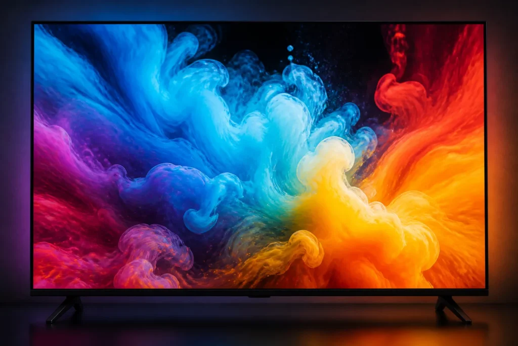 Create a photorealistic close-up of a modern flat-panel TV viewed straight on, its screen showing vivid, crisp abstract colors with rich, deep-looking...