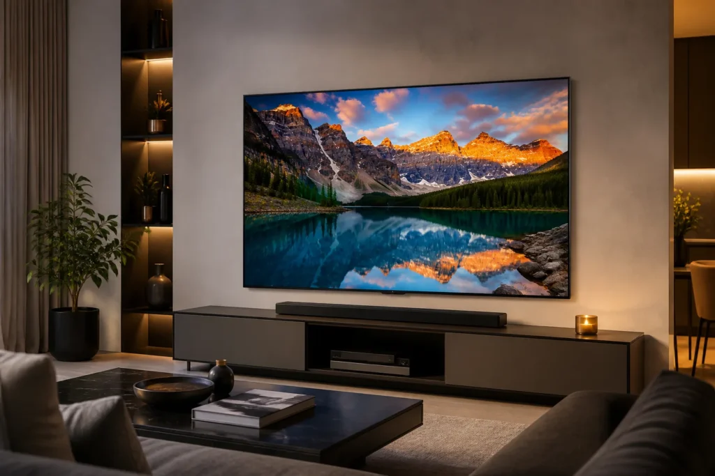 Create a photorealistic editorial image of a Samsung 65-inch 4K QN80F TV in a modern living room, showing vivid HDR detail, smooth gaming visuals, and...