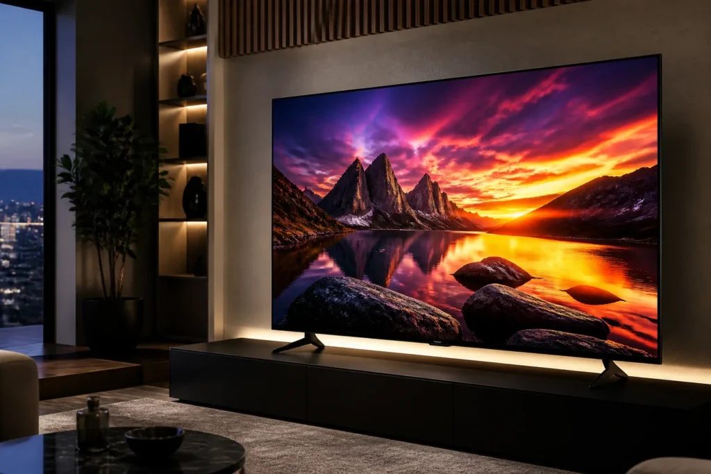 Create a photorealistic hero image of a sleek 65-inch 4K smart TV in a modern living room, displaying a vivid abstract HDR landscape with rich contras...