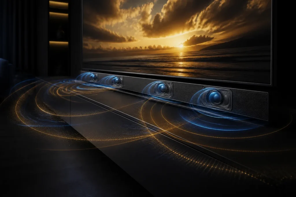 Create a premium cinematic close-up of a modern slim television speaker system in a dark living room, with subtle blue and gold sound waves expanding...