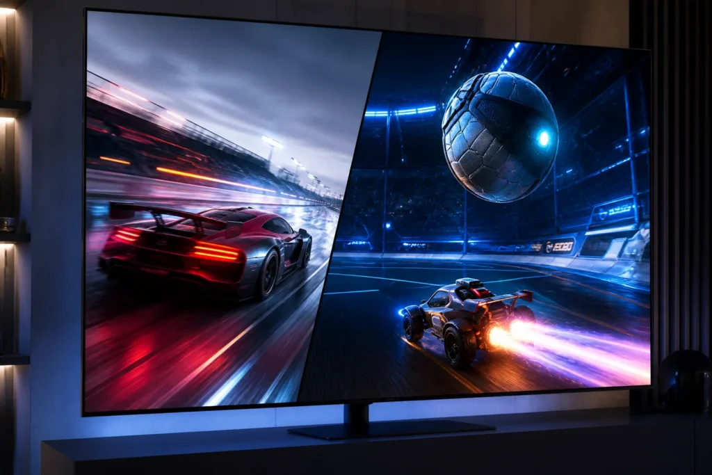 Create a premium close-up of a Samsung QN80H-style 4K TV displaying a dynamic split scene: a blurred racing car and futuristic game arena, with crisp...