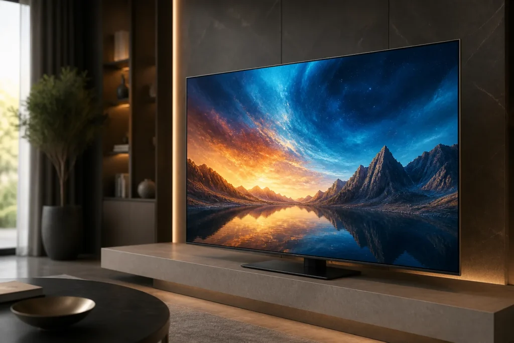 Create a premium editorial product image of a Samsung 65-inch 4K QLED television, shown at a slight angle on a minimalist stand in a modern living roo...