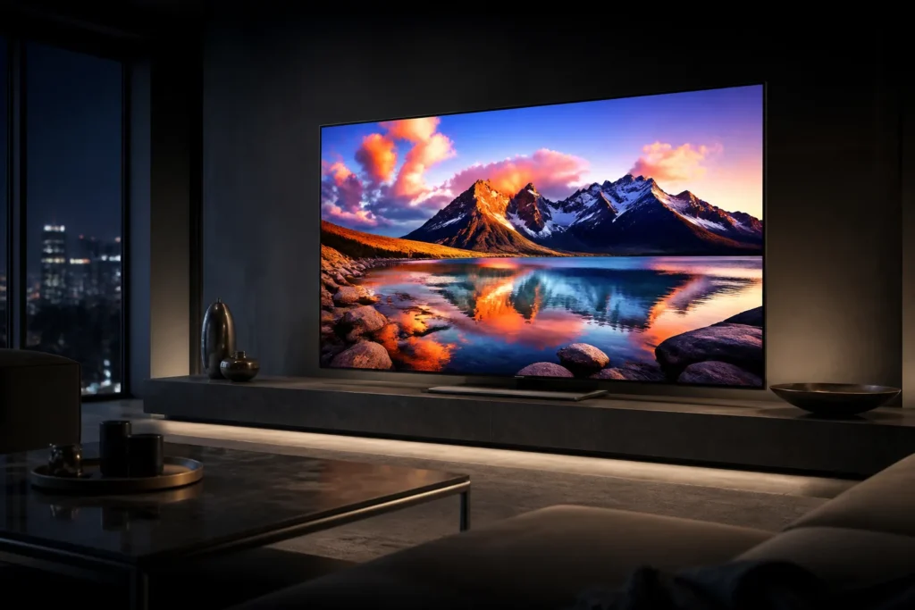 Create a premium editorial product image of a Samsung-style QN80H television in a dark modern living room, showing vivid quantum-dot colors, precise M...