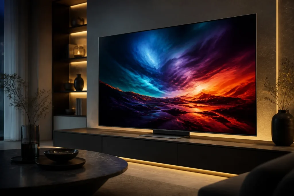 Create a premium product-photography image of a 65-inch Samsung S95H OLED TV in a modern living room, shown at a slight angle with an ultra-slim profi...