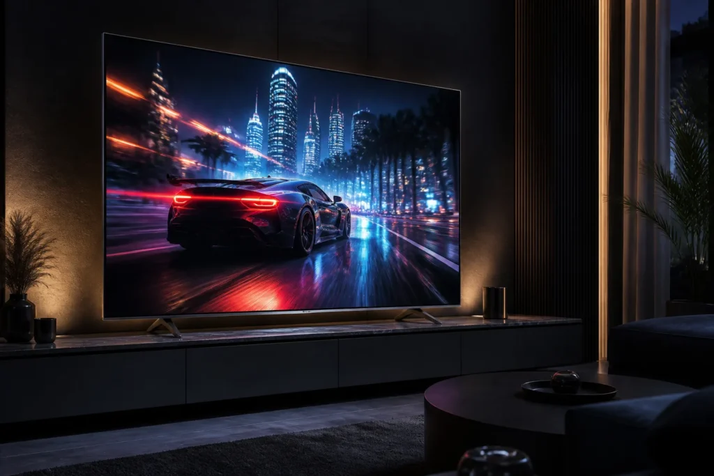 Create a premium product-style image of a 65-inch Hisense 4K MiniLED smart TV in a sleek dark living room, displaying vivid cinematic colours and subt...