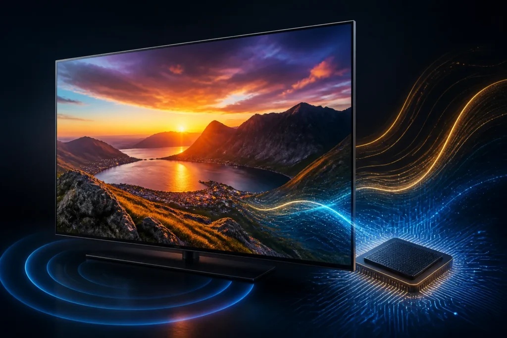 Create a sleek modern 4K television displaying a beautifully enhanced upscaled scene, with subtle glowing AI circuitry and a compact processor chip mo...
