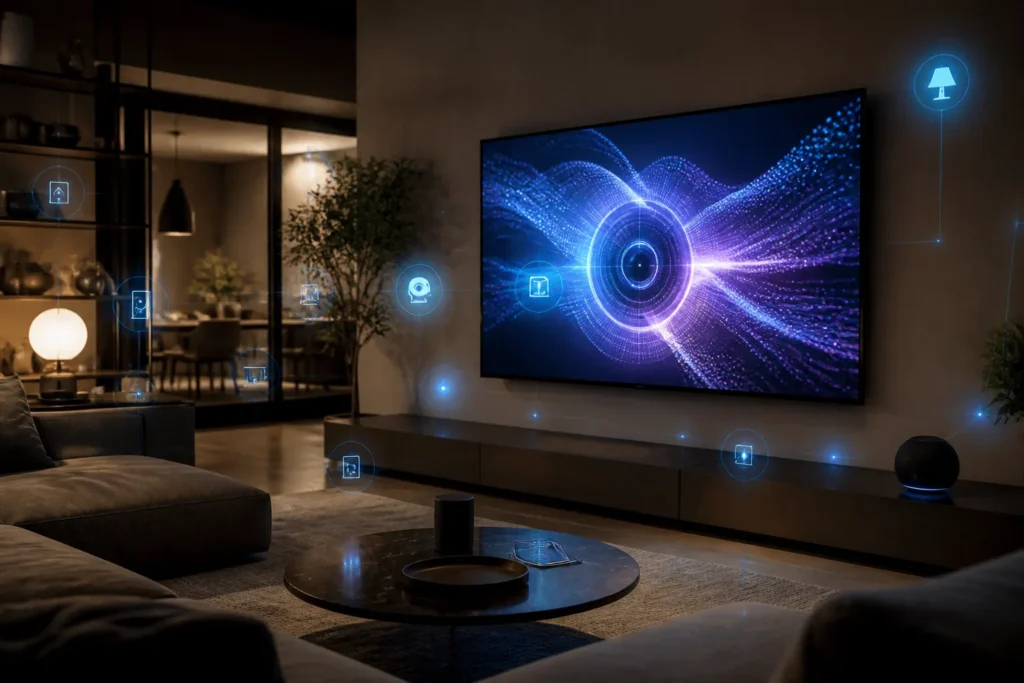Create a sleek modern smart television in a stylish living room, displaying an abstract glowing AI vision interface with soft blue and violet light. S...