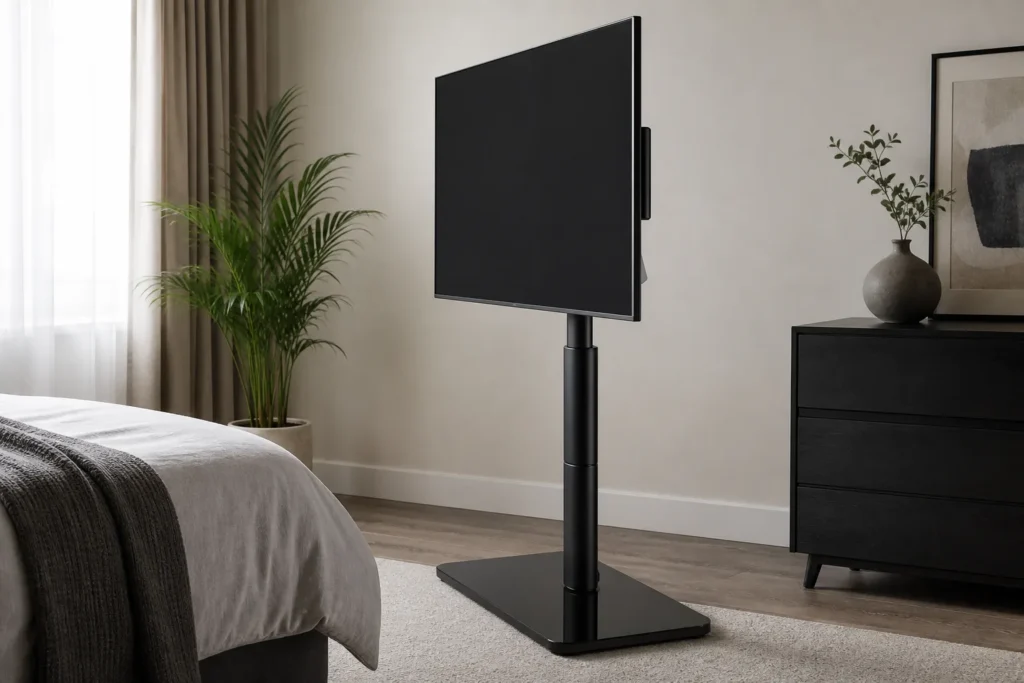 https://www.amazon.co.uk/dp/B08SJGQLFW - Photorealistic interior product scene featuring a sleek universal floor TV stand supporting a slim 55-inch flat-screen TV, angled in an 80-degree swiv...