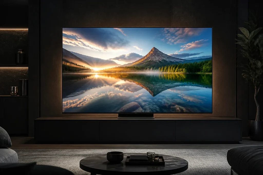 https://www.amazon.co.uk/dp/B0DF6NZRWD - A premium 65-inch Samsung QN80F Mini LED 4K smart TV as the single hero object, shown front-facing in a modern dark living room, vivid high-contrast n...