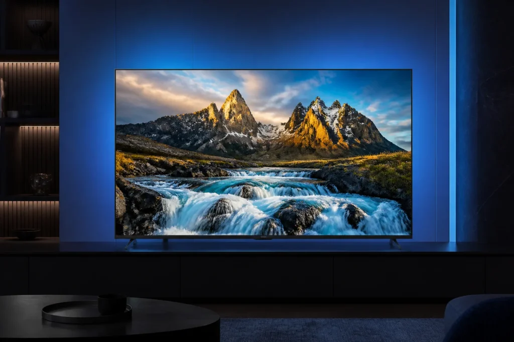 https://www.amazon.co.uk/dp/B0DF989T6J - Photorealistic hero image of a sleek 65-inch premium Mini LED smart TV in a minimalist dark living room, displaying a vivid high-contrast 4K nature sc...