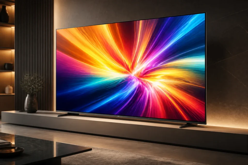 https://www.amazon.co.uk/dp/B0F15139F9 - Create a premium studio product image of a modern 65-inch QNED smart TV with an ultra-thin black bezel, displaying vivid colourful 4K abstract light p...