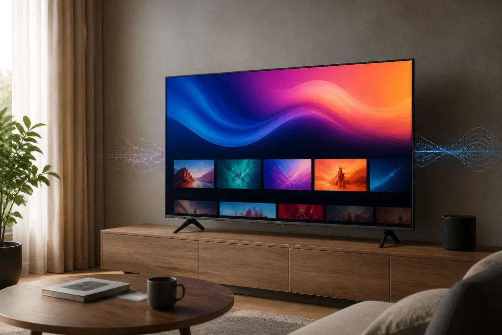 https://www.amazon.co.uk/dp/B0F7WDSW1P - Create a photorealistic product image of a sleek 40-inch Hisense Full HD LED television in a modern living room, displaying a vivid abstract streaming...