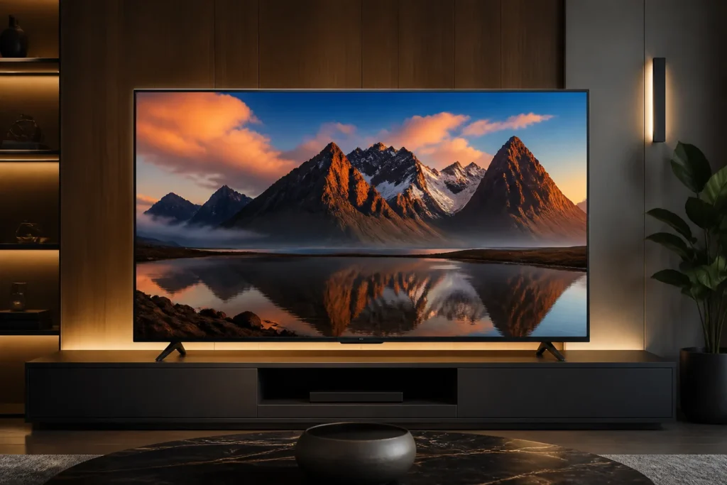 https://www.amazon.co.uk/dp/B0F7WJSD13 - Create a premium product image of a Hisense 58-inch 4K Ultra HD smart TV, shown alone in a sleek modern living room. Display vibrant cinematic colors,...