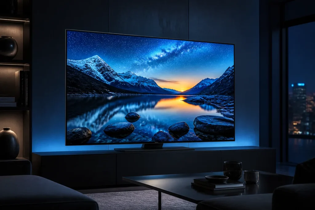 https://www.amazon.co.uk/dp/B0GYZ81N5V - Create a premium product-focused image of a sleek 65-inch Samsung-style Neo QLED 4K smart TV in a dark modern living room, displaying vivid HDR nature...