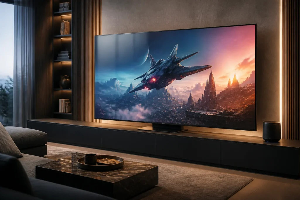 https://www.amazon.co.uk/dp/B0GYZLHJSW - Create a premium lifestyle product photograph of a 65-inch Samsung S95H OLED 4K smart TV in a sleek modern living room, displaying vivid cinematic col...