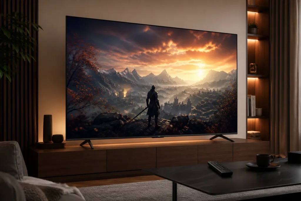 https://www.amazon.co.uk/dp/B0GZPHNT83 - Create a premium lifestyle product image of a sleek 65-inch TCL 4K HDR television in a modern living room, displaying vivid cinematic colors and subtl...