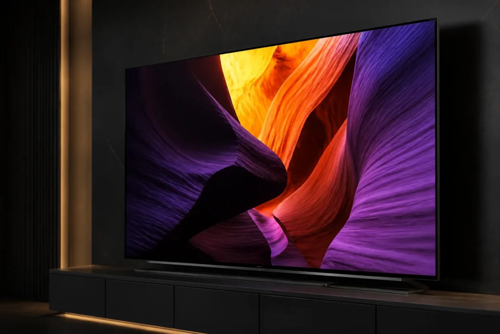 https://www.amazon.co.uk/dp/B0H1HHSRD8 - Photorealistic premium 65-inch Hisense smart TV standing alone in a dark modern living room, vivid RGB MiniLED colors, deep blacks, ultra-smooth gamin...