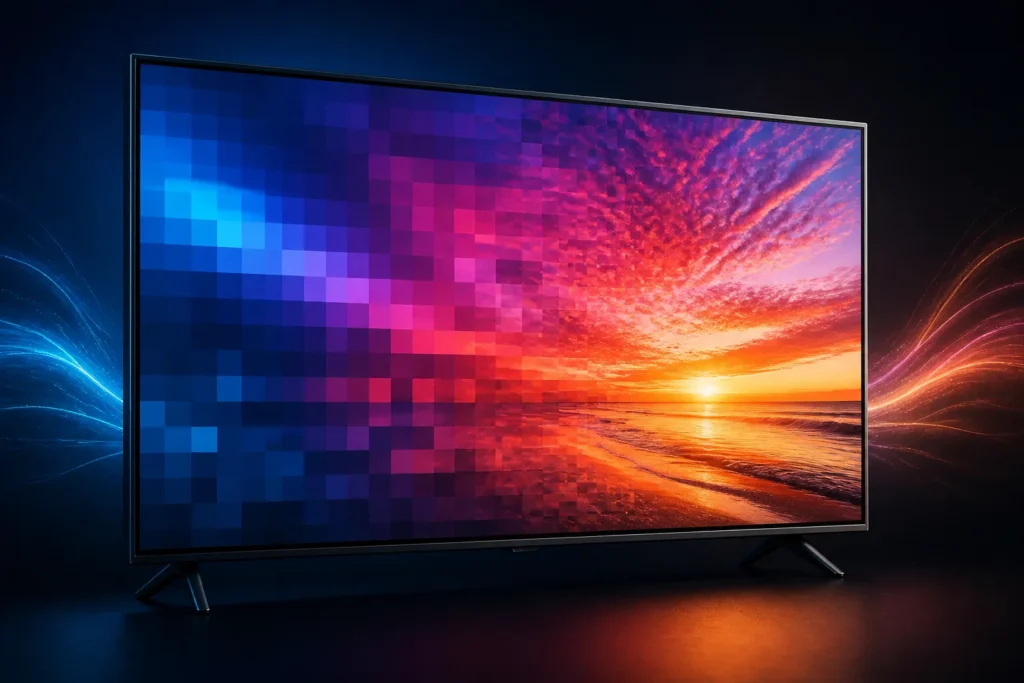 Photorealistic close-up of a modern 4K television displaying a vivid abstract RGB pixel grid transitioning from soft low-resolution blocks into crisp,...