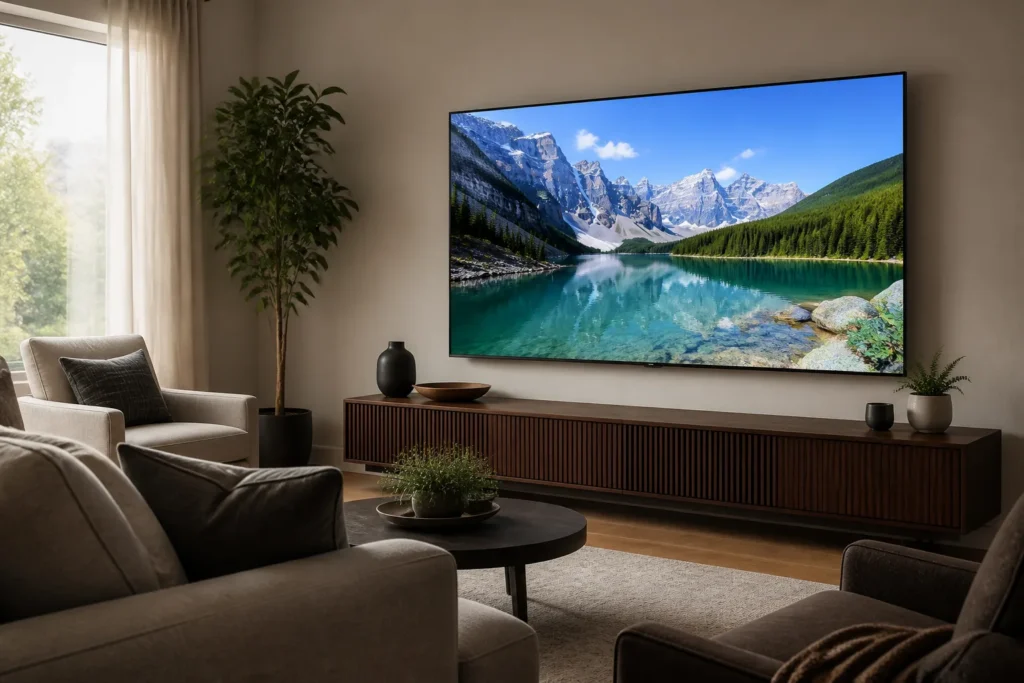 Photorealistic modern flat-screen TV in a warm shared family room, viewed from an angle rather than straight on, with consistent vivid colours across...
