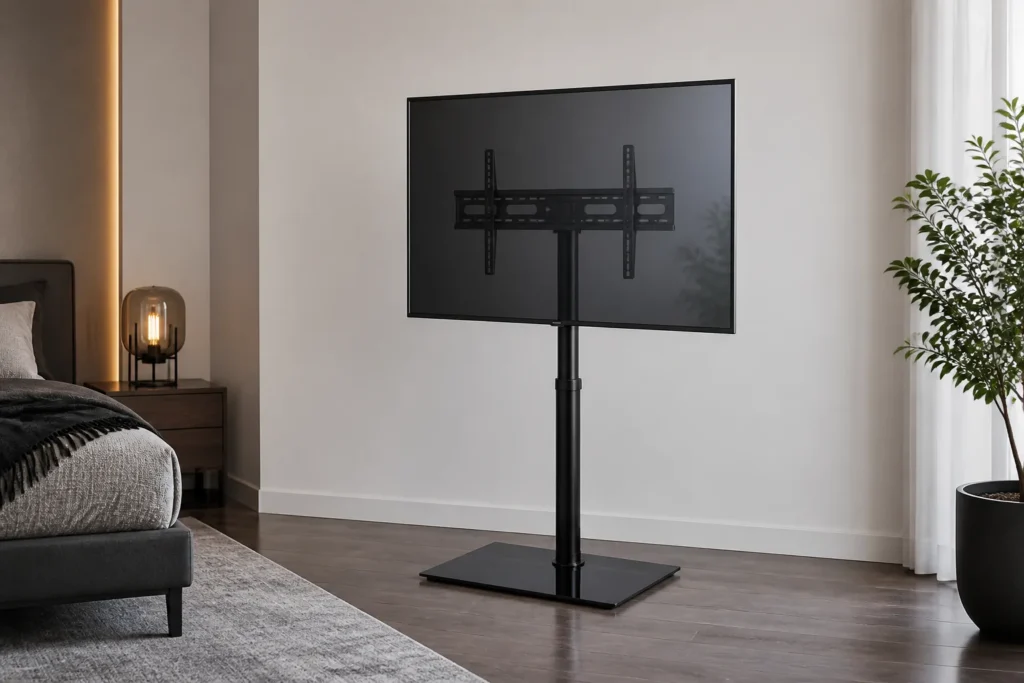 Photorealistic product image of a sleek black floor universal TV stand, freestanding on a glossy tempered-glass base, with a slim vertical mounting po...