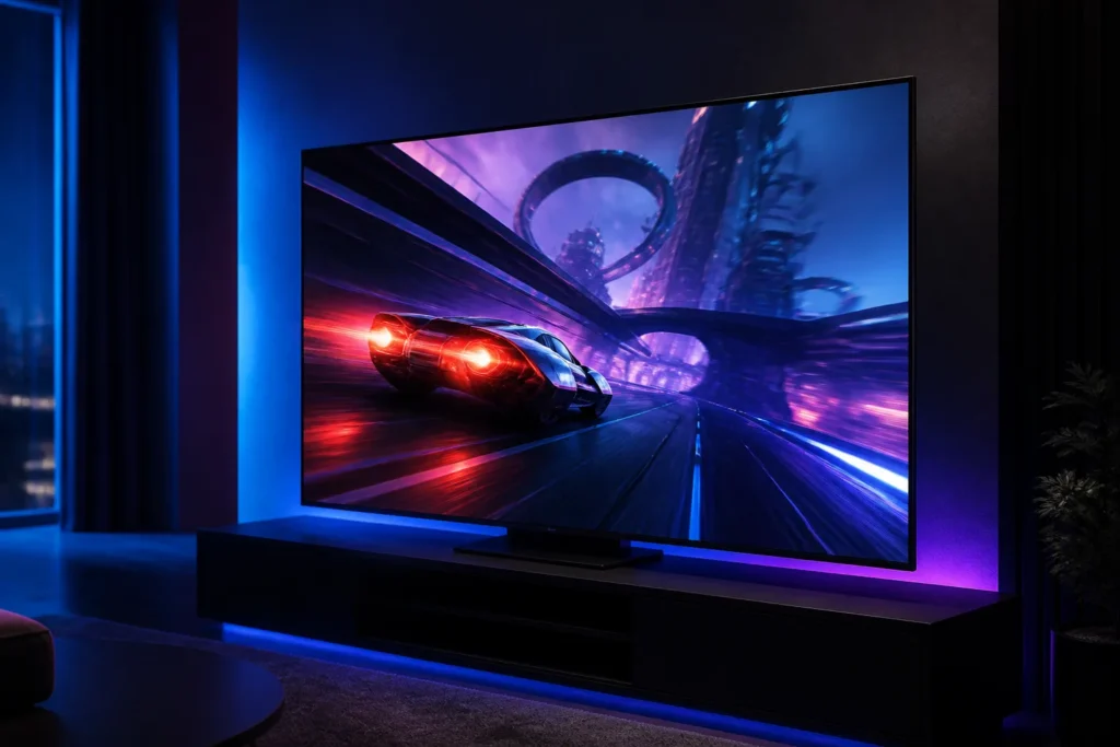 Photorealistic Samsung S95H OLED television as the single central object, displaying a vivid fast-moving sci-fi racing scene with subtle motion trails...